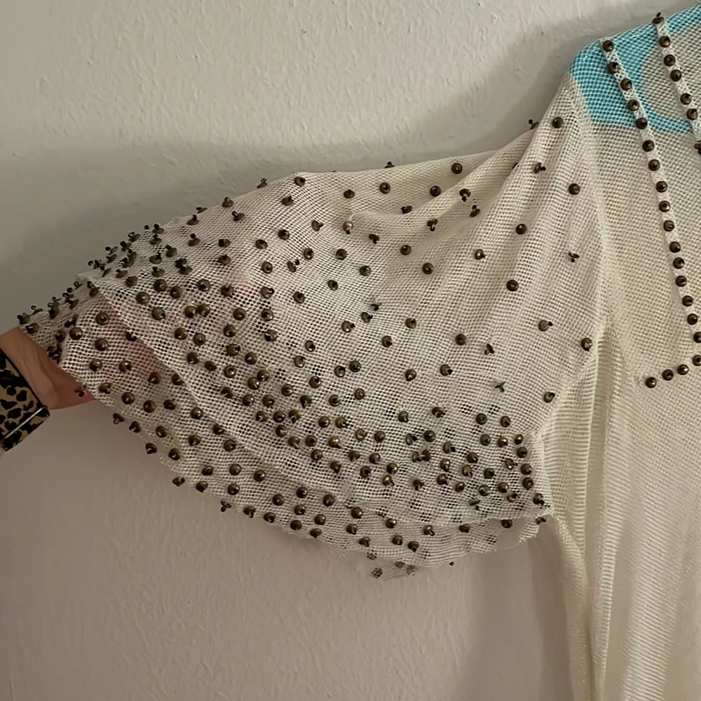💕 SOLD Anthropologie White Mesh Top with Metal Beading - Picture 5 of 9